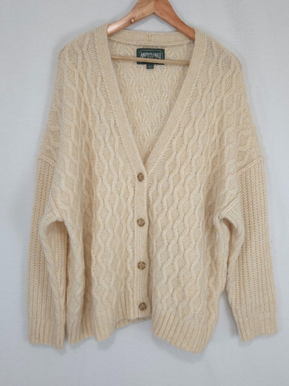 American Eagle Women's Oversized Cable Knit V-Neck Cardigan Sweater